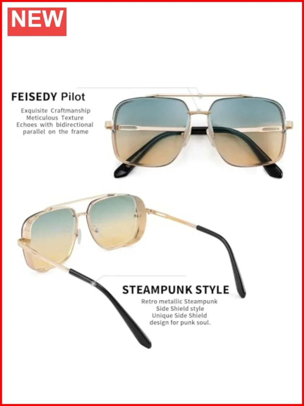 Vintage Pilot Square Metal Sunglasses with Side Shields – Polarized Driving